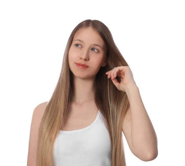 Adolescente Aux Cheveux Forts Sains Sur Fond Blanc — Photo