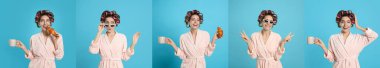 Açık mavi arka planda saç bigudili bornoz giyen güzel genç bir kadının fotoğraflarıyla kolaj. Pankart tasarımı