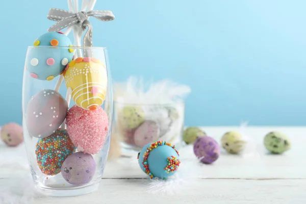 Delicious Sweet Cake Pops White Wooden Table Space Text Easter — Stock Photo, Image