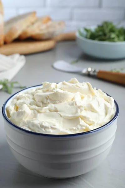 Bowl Tasty Cream Cheese Grey Table — Stock Photo, Image