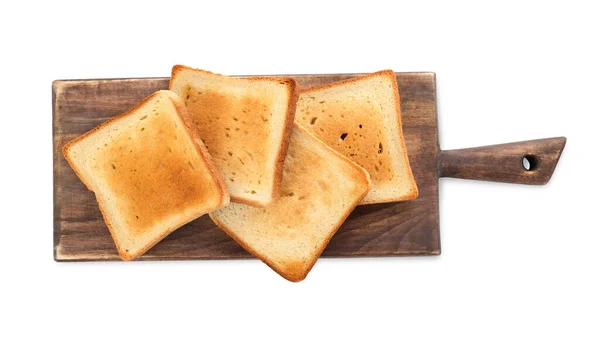 Board Slices Delicious Toasted Bread White Background Top View — Zdjęcie stockowe