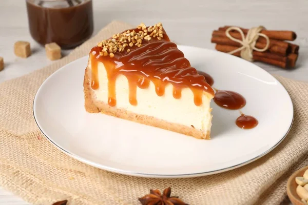 Tasty Cheesecake Caramel Nuts Served White Table — Stock Photo, Image