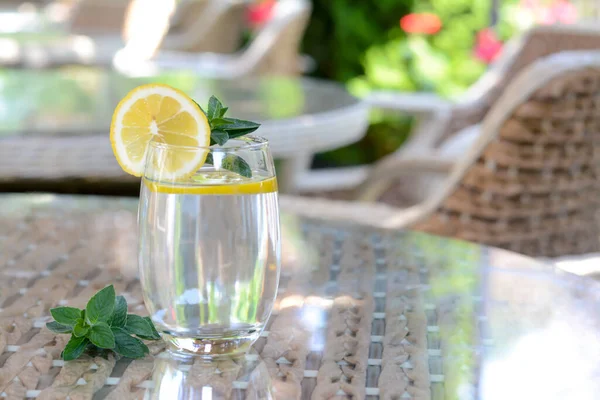 Refreshing Water Lemon Mint Glass Table Cafe Space Text — Fotografia de Stock