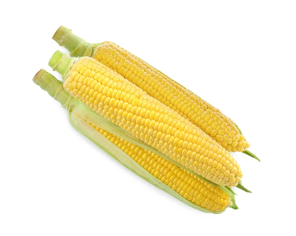 Tasty Fresh Corn Cobs Isolated White Top View — Stockfoto