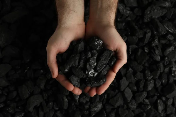 Hombre Sosteniendo Carbón Las Manos Sobre Pila Vista Superior —  Fotos de Stock