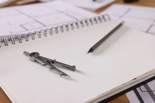 Sketchbook Construction Drawings Pair Compasses Pencil Wooden Table Closeup — ストック写真