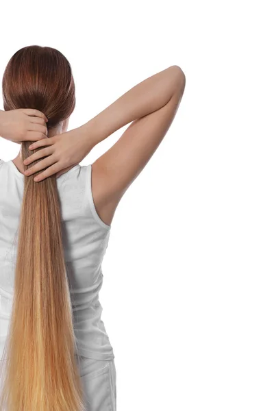 Teenage Girl Strong Healthy Hair White Background Back View — Stock Photo, Image