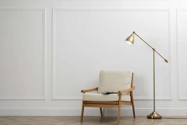Stylish Room Interior Lamp Armchair White Wall Space Text — Fotografia de Stock