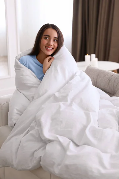 Woman Covered Blanket Resting Sofa — Stock Photo, Image