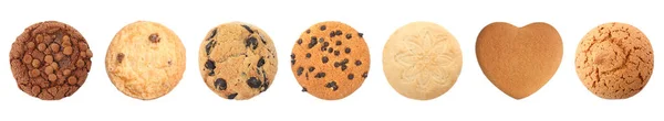 Σετ Νόστιμα Διαφορετικά Cookies Λευκό Φόντο Πάνω Όψη Σχεδιασμός Banner — Φωτογραφία Αρχείου