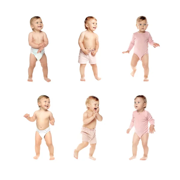 Collage Photos Cute Baby Learning Walk White Background — стоковое фото