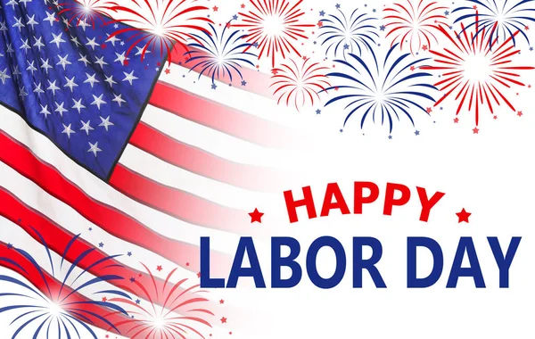 Happy Labor Day. American national flag and fireworks on white background