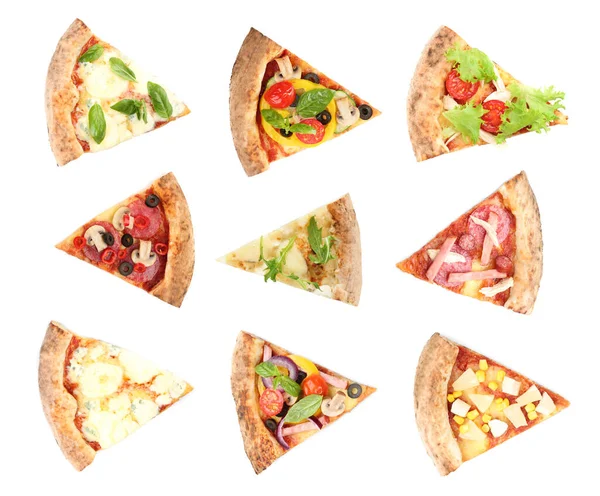 Set Felii Diferite Pizza Fundal Alb Vedere Sus — Fotografie, imagine de stoc