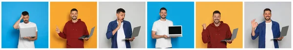 Коллаж Фотографиями Человека Держащего Современные Ноутбуки Разных Цветовых Фонах Баннерный — стоковое фото