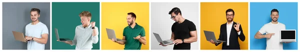 Коллаж Фотографиями Мужчин Держащих Современные Ноутбуки Разных Цветовых Фонах Баннерный — стоковое фото