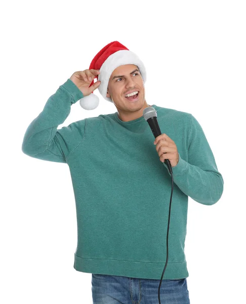 Uomo Emotivo Cappello Babbo Natale Che Canta Con Microfono Sfondo — Foto Stock