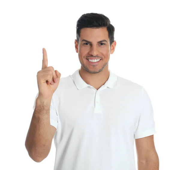 Homem Mostrando Número Com Mão Fundo Branco — Fotografia de Stock