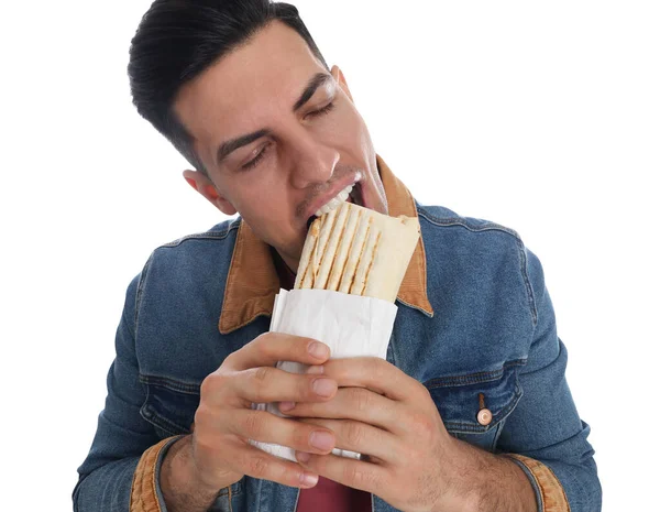 Man Äter Läckra Shawarma Vit Bakgrund — Stockfoto