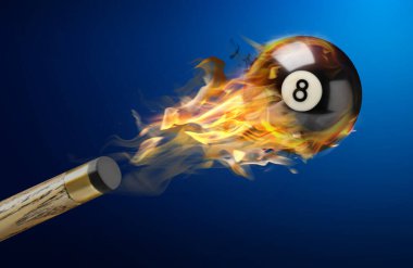 Cue ve bilardo topu. 8 numara alev aldı. Renkli arka planda uçuyor.