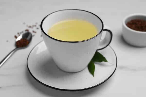 Cup Buckwheat Tea White Marble Table Closeup — Foto Stock