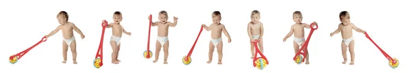 白い背景を歩くためにプッシュおもちゃの学習とかわいい赤ちゃんの写真とコラージュ バナーデザイン — ストック写真
