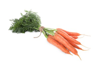 Bunch of tasty ripe carrots on white background