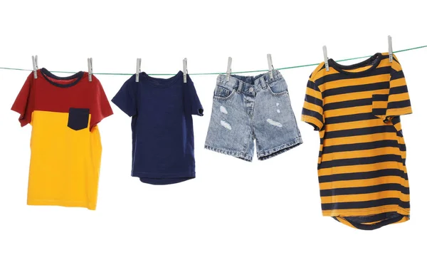 Different Clothes Drying Washing Line White Background — 스톡 사진