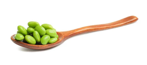 Cucchiaio Con Fagioli Soia Edamame Freschi Sfondo Bianco — Foto Stock