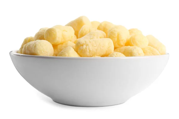Bowl Tasty Corn Puffs White Background — Stock Photo, Image
