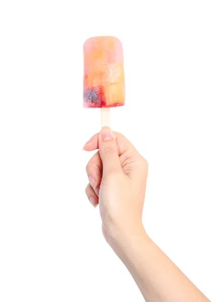 Woman Holding Berry Popsicle White Background Closeup — Stock Photo, Image