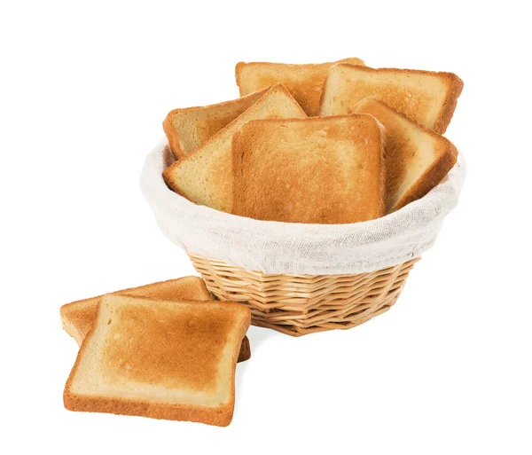 Wicker Basket Slices Delicious Toasted Bread White Background — 图库照片