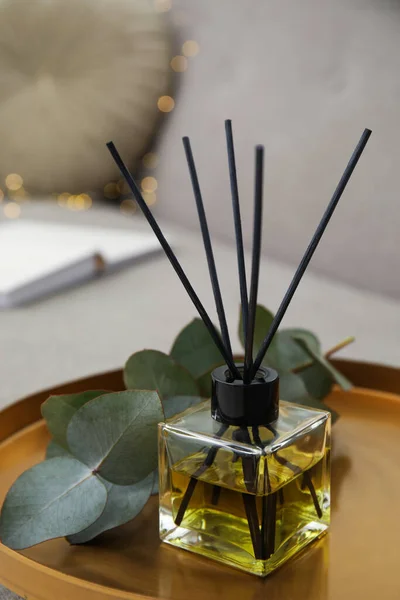 Aromatischer Schilfrohrerfrischer Und Eukalyptuszweig Auf Tablett Wohnzimmer — Stockfoto