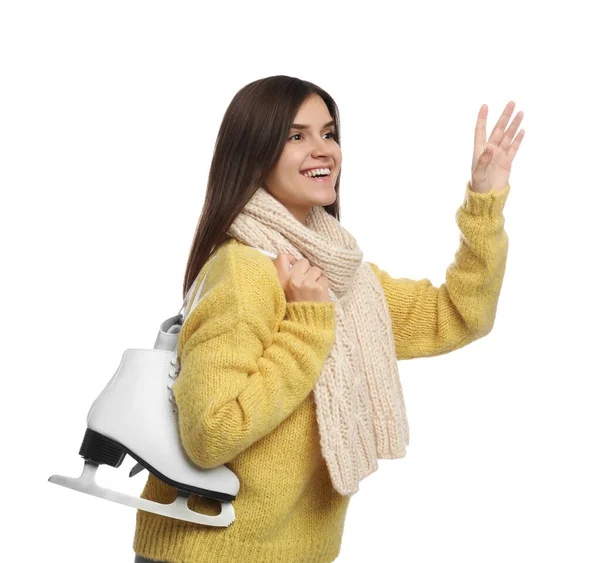 Счастливая Женщина Коньками Белом Фоне — стоковое фото