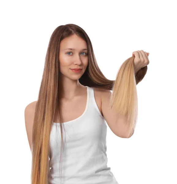 Menina Adolescente Com Cabelo Forte Saudável Fundo Branco — Fotografia de Stock