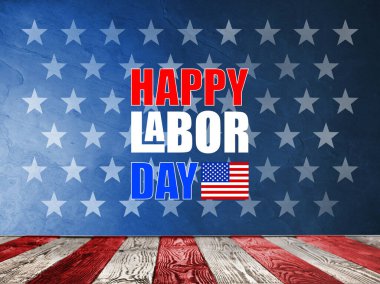 Mutlu İşçi Bayramı. Mavi zemin üzerinde kırmızı ve beyaz çizgili ahşap yüzey ve yıldızlar