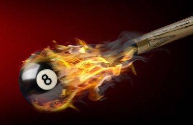 Cue ve bilardo topu. 8 numara alev aldı. Renkli arka planda uçuyor.