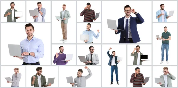 Collage Med Bilder Män Som Håller Moderna Bärbara Datorer Vit — Stockfoto