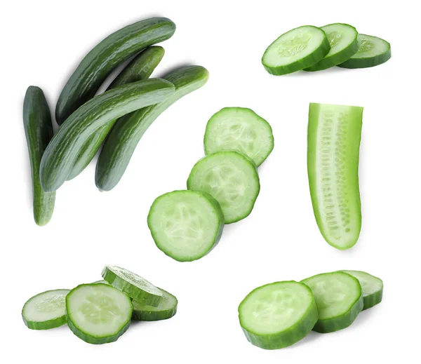 Set Whole Cut Ripe Cucumbers White Background — Photo
