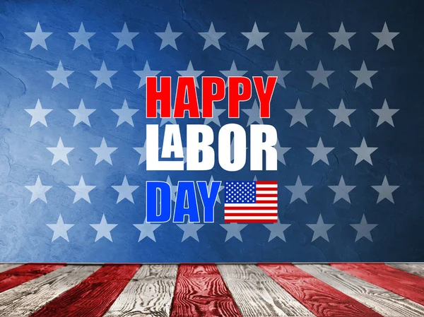 Mutlu İşçi Bayramı. Mavi zemin üzerinde kırmızı ve beyaz çizgili ahşap yüzey ve yıldızlar