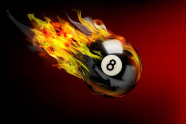 8 numaralı bilardo topu alevler içinde, arka planda uçuyor.