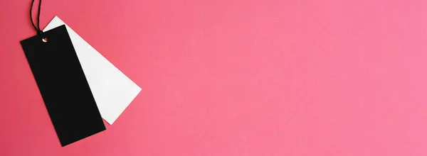 Üres Címkék Rózsaszín Háttérrel Felülnézetben Szöveges Szöveggel Bannertervezés — Stock Fotó
