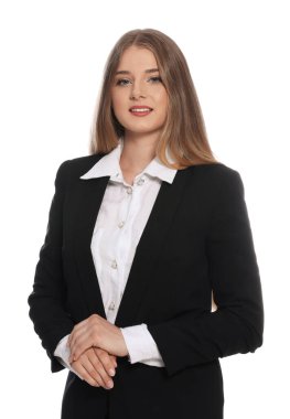 Portrait of young hostess in uniform on white background