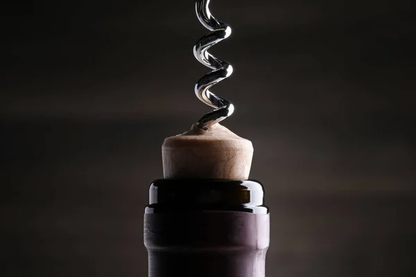 Opening Wine Bottle Corkscrew Dark Background Closeup — Stockfoto