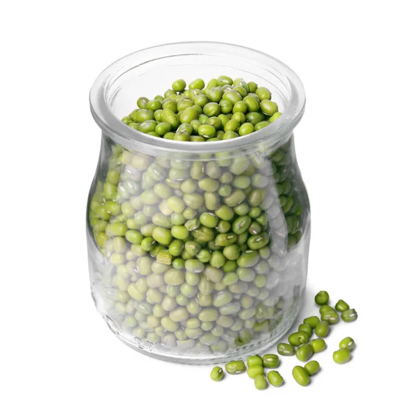 Glass Jar Green Mung Beans Isolated White Organic Grains — Foto de Stock