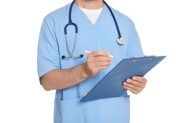 Médecin Avec Stéthoscope Presse Papiers Sur Fond Blanc Gros Plan — Photo