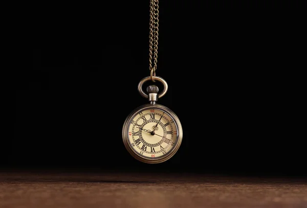 Stylish Pendulum Wooden Table Black Background Hypnotherapy Session — Fotografia de Stock