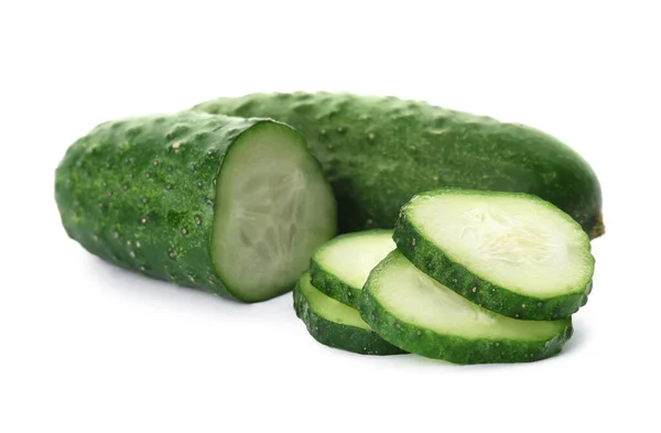 Whole Cut Cucumbers White Background — Photo