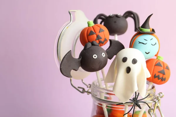 Köstliche Halloween Themen Cake Pops Auf Rosa Hintergrund Nahaufnahme Raum — Stockfoto