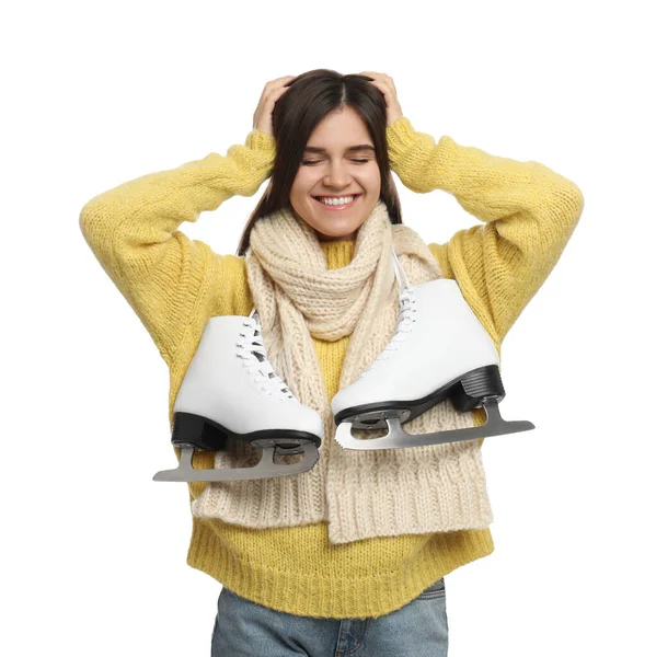 Mujer Feliz Con Patines Hielo Sobre Fondo Blanco — Foto de Stock