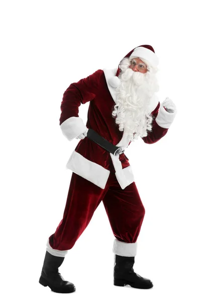 Kerstman Kostuum Draait Witte Achtergrond — Stockfoto
